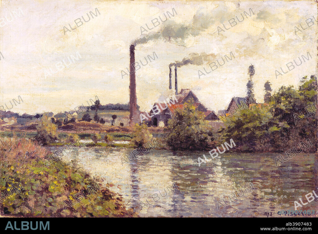 CAMILLE PISSARRO. The Factory at Pontoise. Date/Period: 1873. Painting. Height: 380 mm (14.96 in); Width: 550 mm (21.65 in).