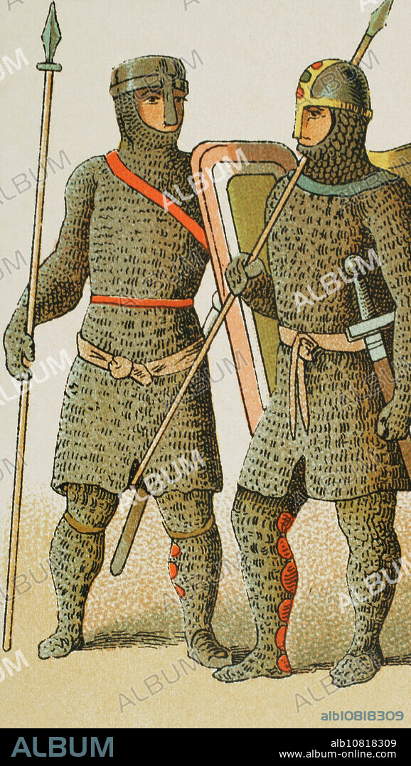 Sacro Imperio Romano Germánico, 1000-1100. Guerreros. Cromolitografía. "Historia Universal", por César Cantú. Tomo V, 1884.