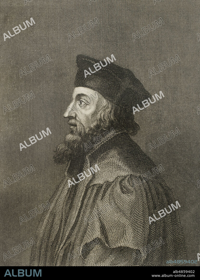 ANTONIO ROCA SALLENT (1813-1864). SPANISH ENGRAVER.. Jan Huss (1369-1415). Teólogo y filósofo checo. Reformador excomulgado en 1410 por propagar las doctrinas de Wycliffe. En 1414 asistió al Concilio de Constanza, donde fue juzgado y condenado a la hoguera por hereje. Este hecho desató la sublevación de sus seguidores, los husitas (1419-1434). Retrato. Grabado por A. Roca. Historia de las persecuciones políticas y religiosas en Europa. Tomo I. Editado en Barcelona, 1863.