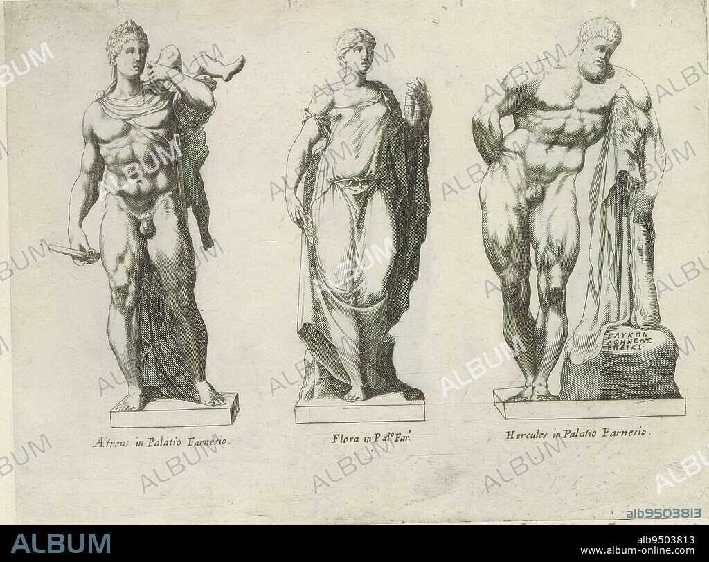 Sculptures of Atreus, Flora and the Hercules Farnese, Sculptures of Antiquity (series title), Captions in Latin. Print is part of an album., print maker: anonymous, publisher: Giovanni Battista de'Rossi, publisher: Antonio Salamanca, (rejected attribution), print maker: Italy, publisher: Rome, publisher: Rome, Vaticaanstad, 1538 and/or 1641, paper, engraving, height 178 mm × width 237 mm.