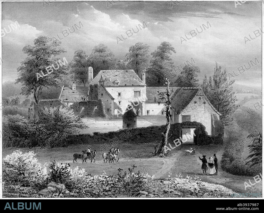 The Château d'Hougoumont, Belgium, 19th century. The Château d'Hougoumont is a large farmhouse situated at the bottom of an escarpment where British and other allied forces faced Napoleon's Army at the Battle of Waterloo on June 18, 1815. The name Hougoumont is derived from Gomme Mont which means Gum hill. It was built on a little hill with pine trees around it, from which pine gum was collected to make turpentine.