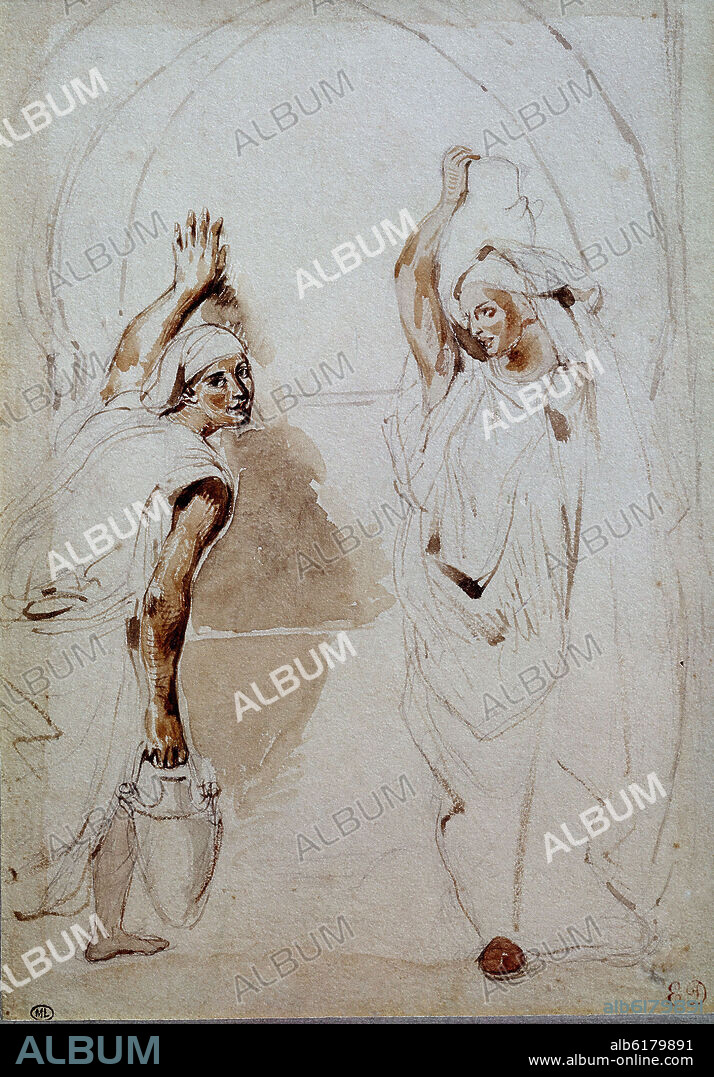 EUGENE DELACROIX (1798-1863). DOS JOVENES JUDIAS EN LA FUENTE - 1832 - ACUARELA - 30,5x38,5 - ROMANTICISMO FRANCES.