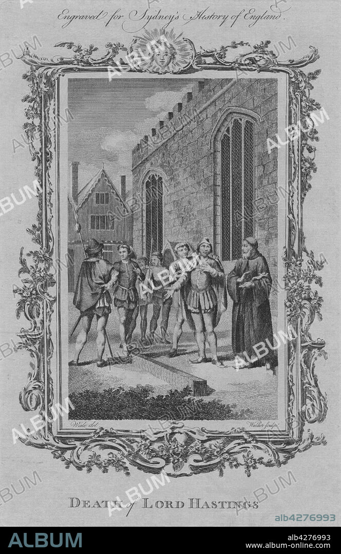 WILLIAM WALKER. 'Death of Lord Hastings', 1773. William Hastings, 1st Baron Hastings (c1431-1483) courtier of King Edward IV, executed following accusations of treason by Edward's brother and ultimate successor, Richard III.  After Samuel Wale (1721-1786). From "A New and Complete History of England, From the Earliest Period of Authentic Intelligence to the Present Time", by Temple Sydney. [J. Cooke, London, 1773].