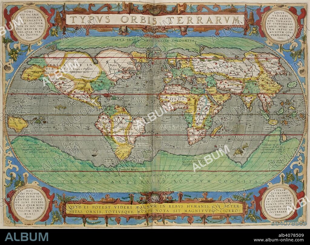 ABRAHAM ORTELIUS. World map. Theatrum Orbis Terrarum. Antwerp, 1606. Typus Orbis Terrarum.  Image taken from Theatrum Orbis Terrarum.  Originally published/produced in Antwerp, 1606. . Source: Maps.9.Tab.8, 1.