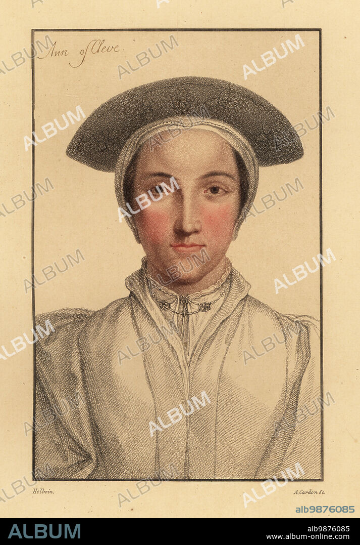 Anne of Cleves, 4th wife of King Henry VIII, 1515-1557, Queen of England. Sometimes identified as her sister Amalia of Cleves, 1517-1586.. Ann of Cleve. Handcoloured copperplate stipple engraving by Anthony Cardon after a portrait by Hans Holbein the Younger from Imitations of Original Drawings by Hans Holbein, John Chamberlaine, London, 1812.