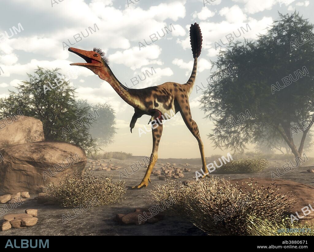 Mononykus dinosaur walking in the desert amongst Tamarix trees.