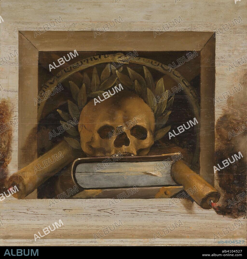 JACOB VAN CAMPEN. Vanitas Still Life with Scull with Laurel Wreath, Book and two Burning Candles. Dating: 1645 - 1650. Measurements: h 86.6 cm × w 86 cm; h 89.4 cm × w 88.7 cm.
