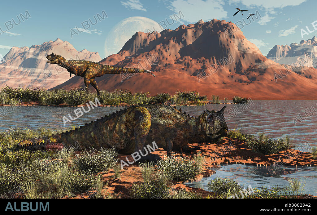 Carnivorous Carnotaurus dinosaurs from the Cretaceous Period.