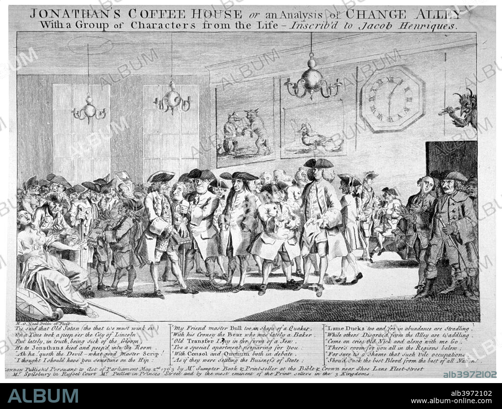 Jonathan's Coffee House, London, 1763. 'Jonathan's Coffee House, or an analysis of Change Alley, with a group of characters from the life'. Foreigners discuss business in Jonathan's Coffee House; Britannia swoons on the left and a devil views the scene with glee on right.