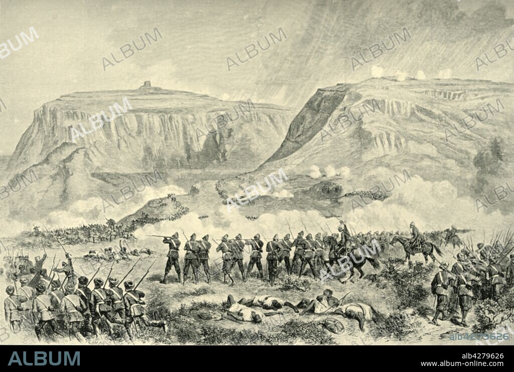 'The Abyssinia Expedition: The Battle of Arogee Before Magdala on Good Friday, April 10, 1868', (1901). British soldiers at Magdala in the Ethiopian Empire, historically known as Abyssinia. The 1868 British Expedition to Abyssinia, a rescue mission and punitive expedition, was carried out by the armed forces of the British Empire against the Ethiopian Empire. The British laid siege to the fortress of Magdala on 13 April. From "The Life and Deeds of Earl Roberts, Vol. II. - To The Abdication of Yakub Khan", by J. Maclaren Cobban. [T. C. & E. C. Jack, Edinburgh, 1901].