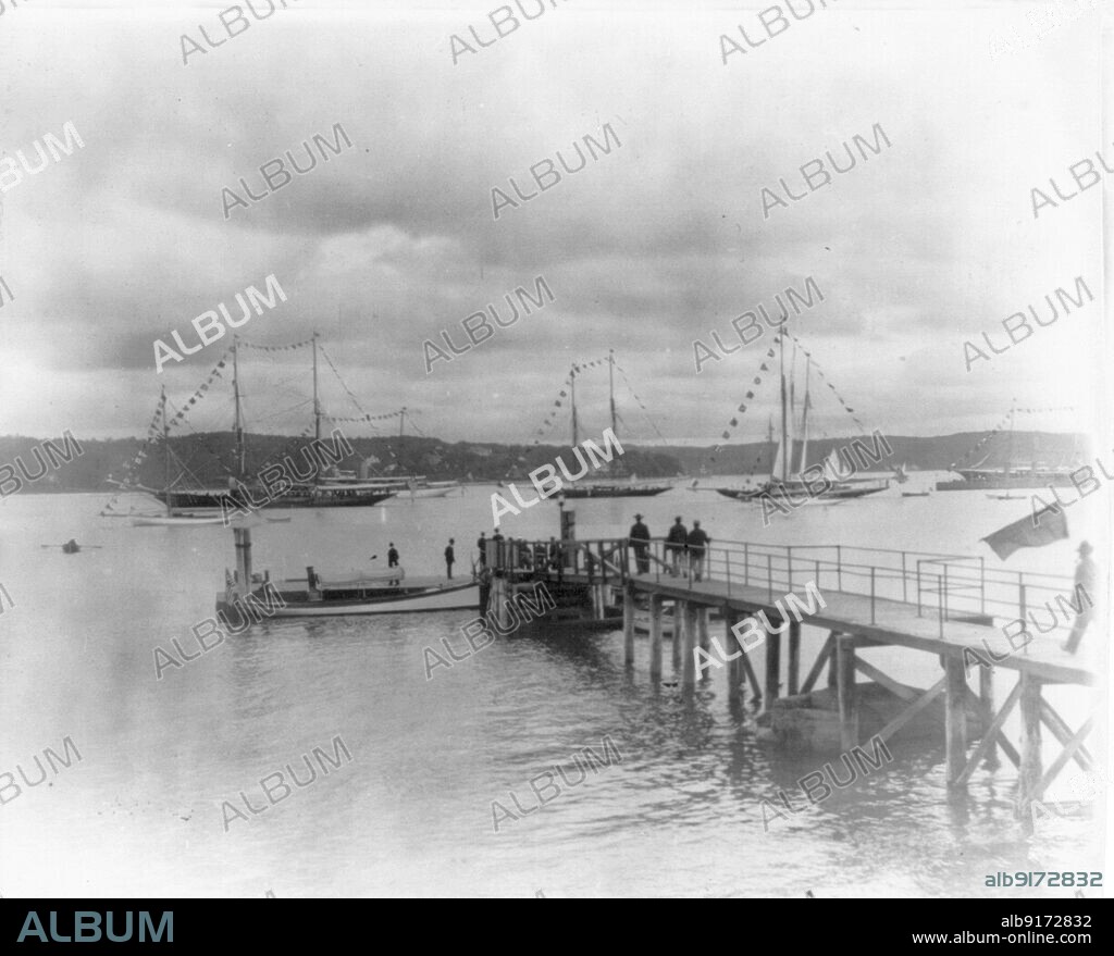 New York - Oyster Bay, Long Island Yacht Club: looking past pier to sailing yachts at anchor, 1905.