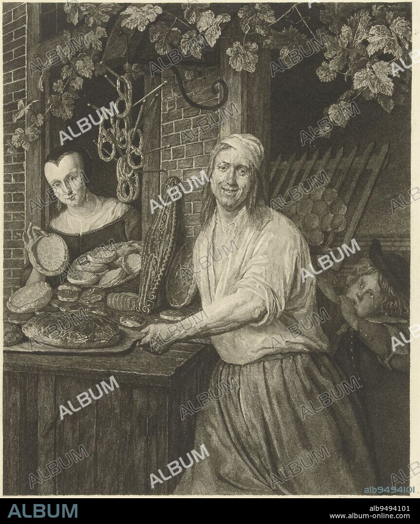 Portraits of Leiden baker Arent Oostwaard (Arend Oostwaert) and his wife Catharina Keizerswaard (Catharina Keyzerswaert) with all kinds of different freshly baked bread (buns, pretzels, cadets, duivekater) in front of the bakery. In the door of the bakery a little boy, probably their son Thaddeus, blows a horn. Above the door are growing vines. Baker Arent Oostwaard and his wife Catharina Keizerswaard, print maker: Joannes Bemme, (mentioned on object), intermediary draughtsman: Joannes Bemme, (mentioned on object), after: Jan Havicksz. Steen, (mentioned on object), c. 1800 - in or before 1841, paper, etching, h 465 mm × w 370 mm.