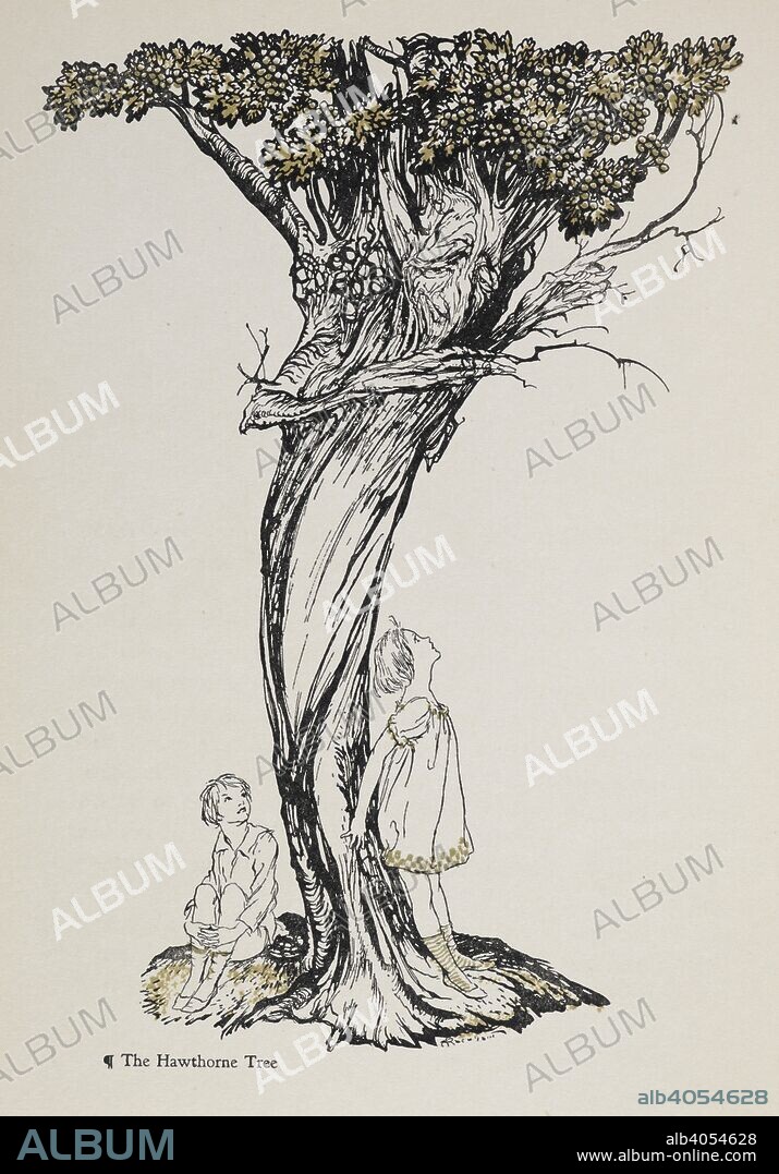 ARTHUR RACKHAM and NATHANIEL HAWTHORNE. Two children standing under a hawthorne tree with a face, from Tanglewood Porch. Hawthorne's Wonder Book...Illustrated by Arthur Rackham. London : Hodder & Stoughton, [1922]. The Hawthorne Tree. Source: 04504.h.24 p. 2.