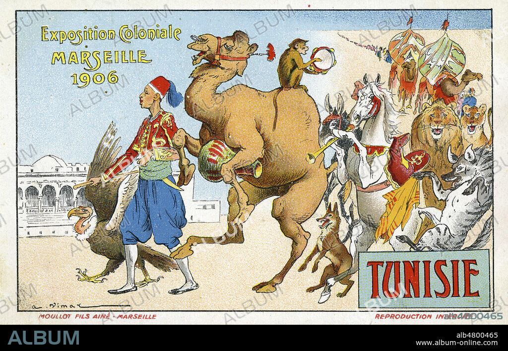 'Exposition coloniale Marseille 1906 - Tunisie'. Illustration par Auguste VIMAR (1851-1916) pour une carte postale vers 1910. Credit : Collection Grob/KHARBINE-TAPABOR.