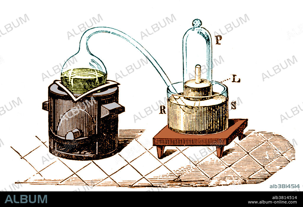 Illustration from an 1892 Chemistry book of French chemist Antoine Laurent Lavoisier's (1743-1794) 1776 experiment that revealed the composition of air. Lavoisier heated mercury in a glass retort on a furnace. Red specks appeared on the mercury's surface as it reacted with the air. The remaining gas was inert and is now known to be nitrogen. The red specks, when heated, gave mercury and a combustible gas that Lavoisier named oxygen.