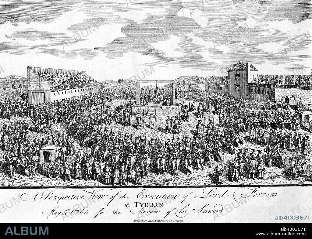 Execution of the Earl of Ferrers at Tyburn, Paddington, London, 1760. The Earl is is the process of being hanged and being watched by a large crowd which includes horse and foot guards; he was executed for the murder of his steward.