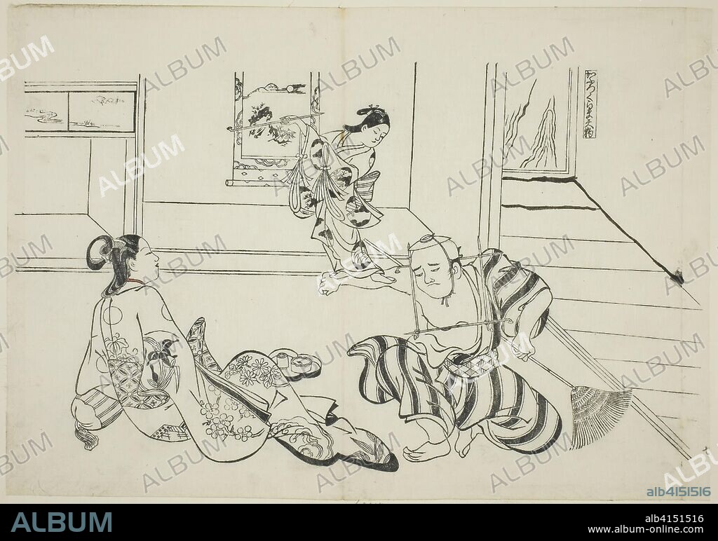 Child Attendant and Bald Tengu of Mt. Kurama (Kaburo Kurama Tengu), no. 7 from a series of 12 prints depicting parodies of plays. Okumura Masanobu; Japanese, 1686-1764. Date: 1711-1740. Dimensions: 27.1 x 38.9 cm. Hand-colored woodblock print; oban, sumizuri-e. Origin: Japan.