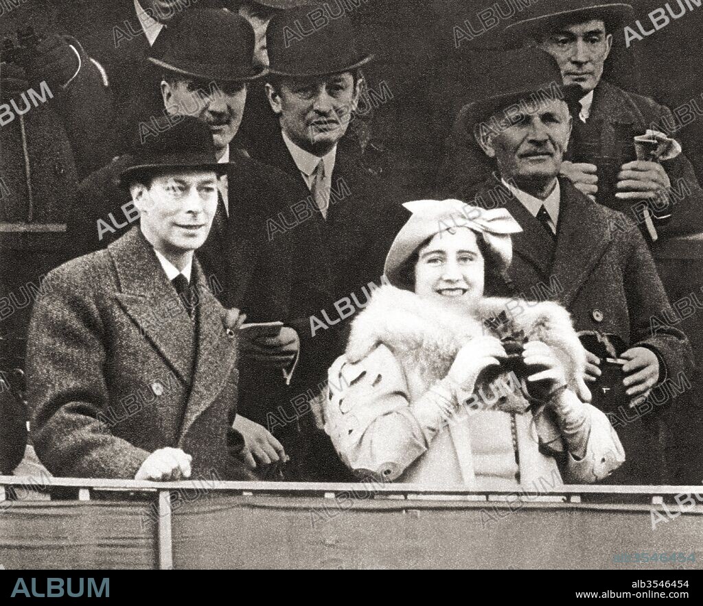 King George VI and Queen Elizabeth seen here in the Royal Box at Aintree racecourse for the 1937 Grand National. Prince Albert, future King George VI, 1895 – 1952. King of the United Kingdom and the Dominions of the British Commonwealth. Elizabeth Angela Marguerite Bowes-Lyon,1900 –2002. Queen Elizabeth.