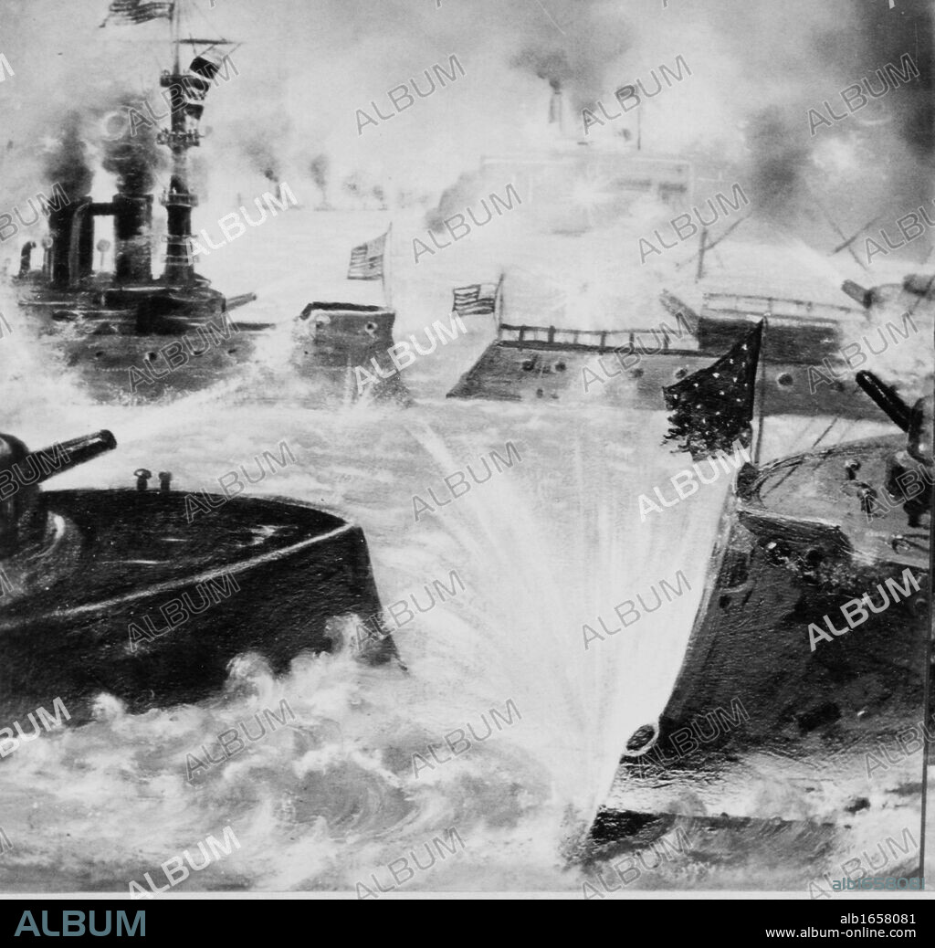 The Bombardment of San Juan by the American Fleet Puerto Rico during the Spanish American War 1900. photoprint on stereo card : stereograph.