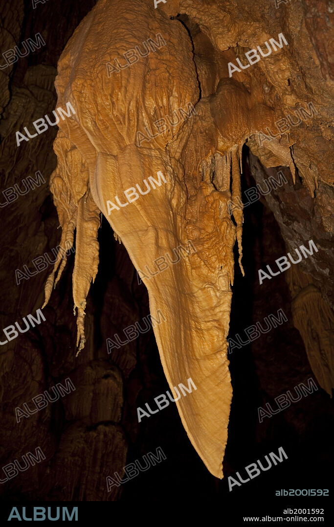 The cave was first discovered in 1880 by a young shepherd who followed a fox in through a crack. It is the largest cave of Causses and the Cavennes. It features extraordinary speleothems. It is also called La Grotte Rose (The Pink Cave) as many of the speleothems show pink colors.
