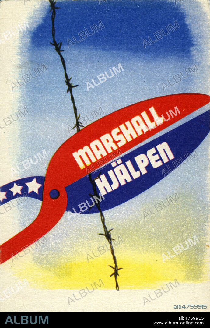 Marshall aide. La pince du plan Marshall coupe les barbelets de l'oppression. Illustration anonyme pour une carte postale suedoise vers 1948. Credit : Collection IM/KHARBINE-TAPABOR.