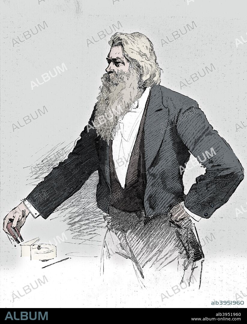 Joseph Wilson Swan, British physicist and chemist, demonstrating electromagnetism, 1889. Swan (1828-1914) was the inventor of bromide paper for photography and of an incandescent light bulb. He is shown here at a Royal Society Conversazione, on 8 May 1889, demonstrating that a metal ring wound with a coil of wire rotates in  the Earth's magnetic field when a small electric current is applied. From The Illustrated London News. (London, 1889).  (Colorised black and white print).
