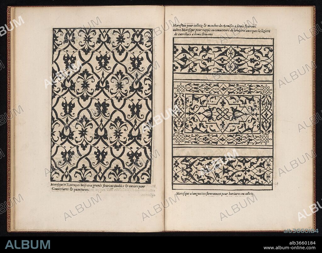 Livre de Moresques. Artist: Francesco di Pellegrino (Italian, born Florence, died 1552). Dimensions: Overall: 12 x 8 5/16 x 1/4 in. (30.5 x 21.1 x 0.7 cm). Published in: Paris. Publisher: Published by Hiérosme de Gormont; Previously published by Cornelis Bos (Netherlandish, Hertogenbosch ca. 1510?-before 1566 Groningen). Date: 1546.
This book of moresques reproduces designs by the Italian artist Francesco Pellegrino, first published in book form by the artist in Paris in 1530 under the title La Fleur de la Science de Pourtraicture. It is considered the first elaborate publication to introduce the exotic designs in Western Europe, although the ornament was known already through the import of textiles and other objects from the Near East. The publication of the ornament in books and prints immensely increased the interest of native artist and it soon became highly fashionable. 
Pellegrino's designs were reordered and presented in compressed form in the Livre de Moresque, which appears to have been published first by Cornelis Bos in Antwerp in 1543. Gormont subsequently published the book in Paris in 1546, possibly with the consent of Bos, whom had spent some time in Paris after his expulsion from Antwerp in 1544, and had settled in Germany (Nuremberg) by 1546.