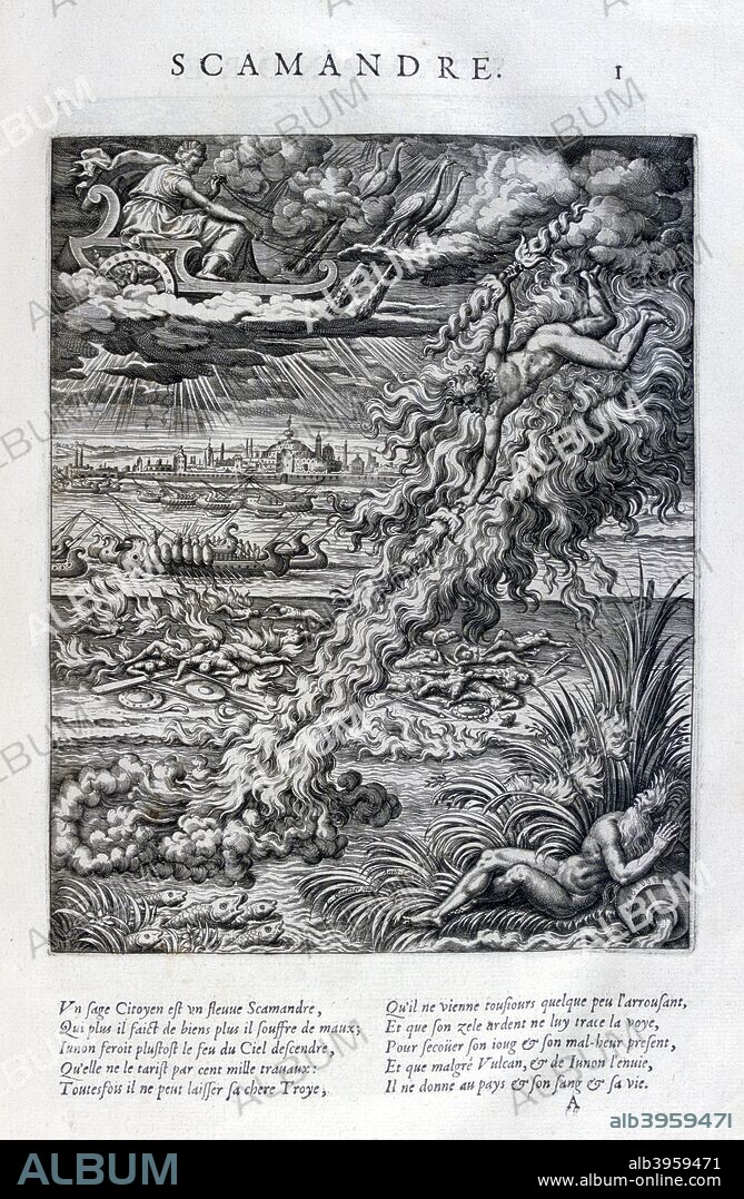 'Scamander', 1615. Scamander fought on the side of the Trojans during the Trojan War. In this context, he is the personification of the Scamander River that flowed from Mount Ida across the plain beneath the city of Troy.