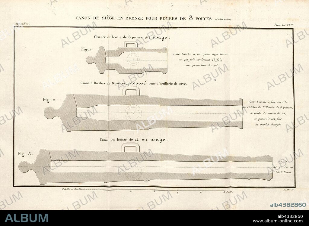 Bronze seat gun for 8 inch bombs, Cannons in longitudinal section, signed: Adam (sc.), Planche VI, after p. 446, Adam (sc.), Henri-Joseph Paixhans: Nouvelle force maritime, et application de cette force à quelques parties du service de l'armée de terre: ou essai sur l'état actuel des moyens de la force maritime; sur une espèce nouvelle d'artillerie de mer, qui détruirait promptement les vaisseaux de haut-bord; sur la construction de navires à voile et à vapeur, de grandeur modérée, qui, armés de cette artillerie, donneraient une marine moins couteuse et plus puissante que celles existantes; et sur la force que le système de bouches-à-feu proposé offrirait à terre, pour les batteries de siège, de places, de côtes et de campagne. Paris: Bachelier, 1822.
