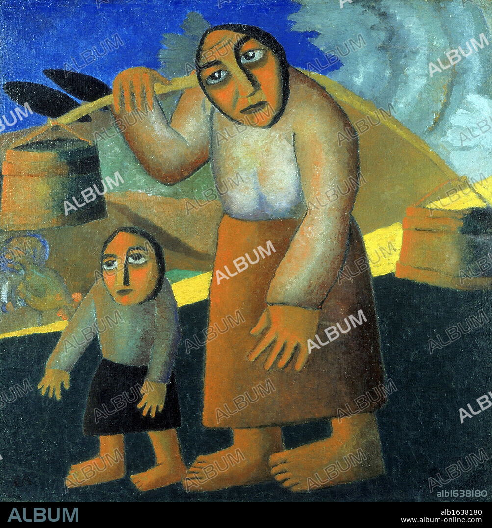 Peasant Woman with Buckets and Child', 1912. Oil on canvas. Kazimir Malevich (1878-1935) Russian artist. Woman walking along road carrying buckets on a pole over her shoulder, child walking beside her.