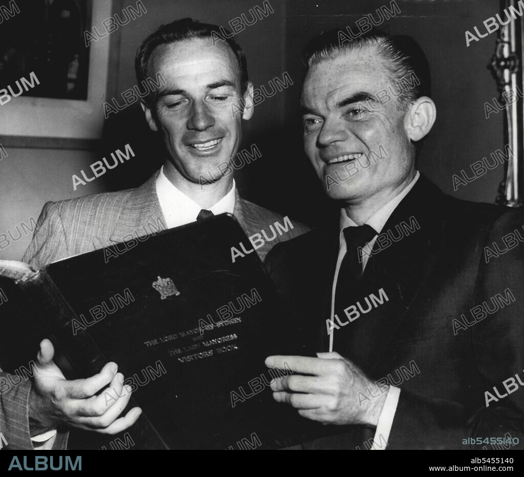 The Lord Mayor, Ald. Hills, gave a Civic Reception to Spike Jones and his band at the Town Hall to-day. Here they look at the Visitors' Book after Mr. Jones and signed it.Bandleader Spike Jones (pictured), who made a fortune playing zany and satirical music, died today his Beverly Hills ***** aged 53.He died of heart failure, said a family spokesman.His wife, Helen Grayco, was at his bed ***** and their three children.Jones was taken to hospital on March 31 in a serious condition, with Complications following an astmatic attack earlier this year. March 28, 1955. (Photo by Ted Forster).