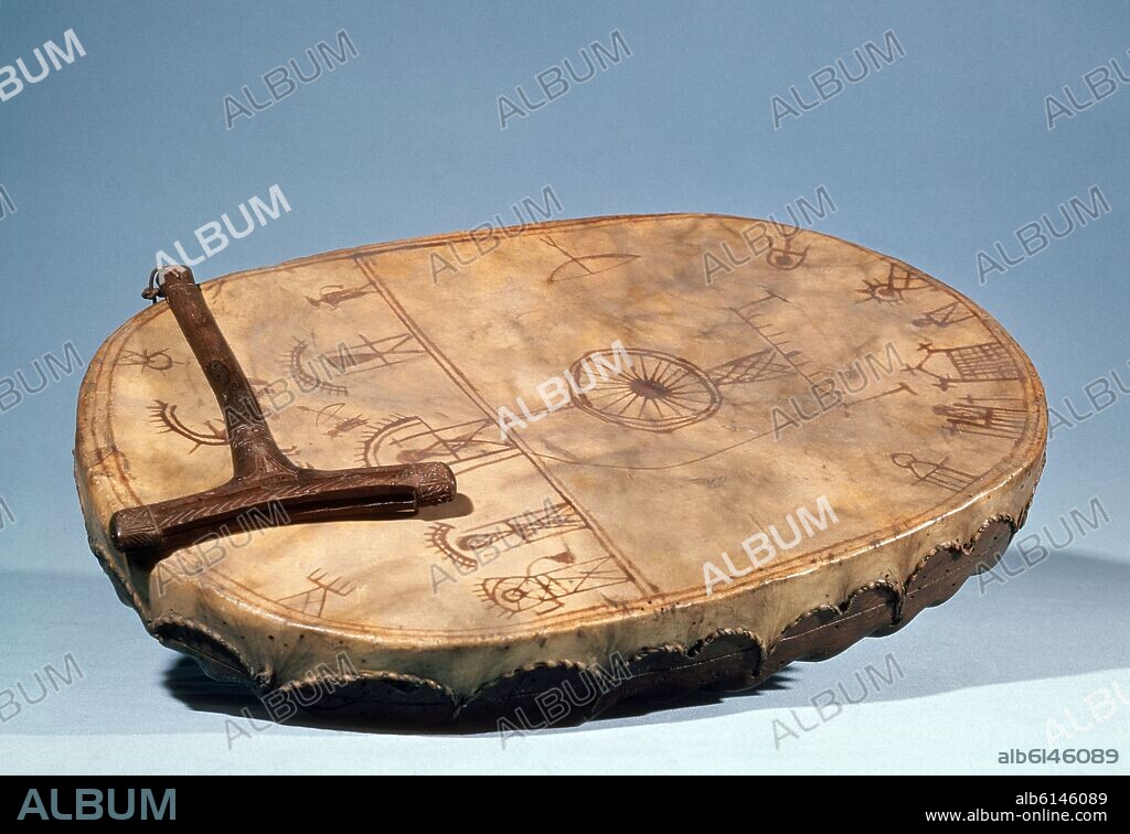 TAMBOR DE MADERA Y MEMBRANA DE CUERO LAPON.