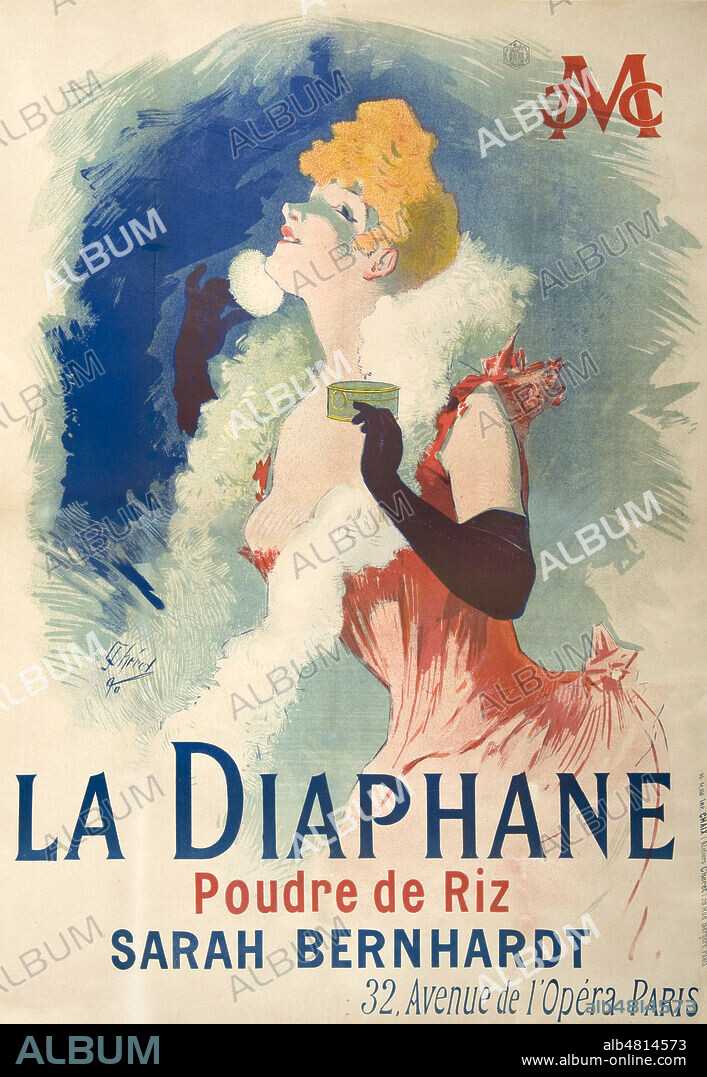 'La Diaphane, poudre de riz, Sarah Bernhardt'. Affiche publicitaire de 1890 illustree par Jules CHERET (1836-1932). Credit : IM/KHARBINE-TAPABOR.