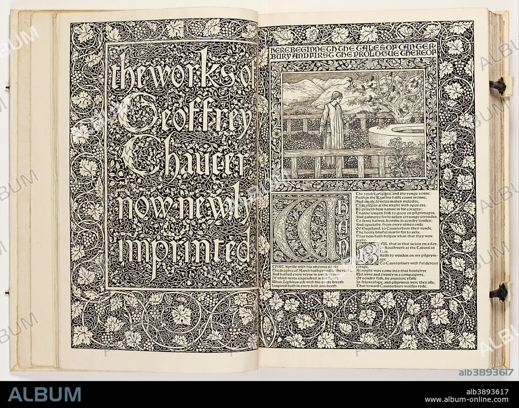 WILLIAM MORRIS. The Works of Geoffrey Chaucer (The Kelmscott Chaucer). Date/Period: 1896. Illustrated book with woodcuts. Width: 17.25 in. Height: 12.2 x d2.9 in.