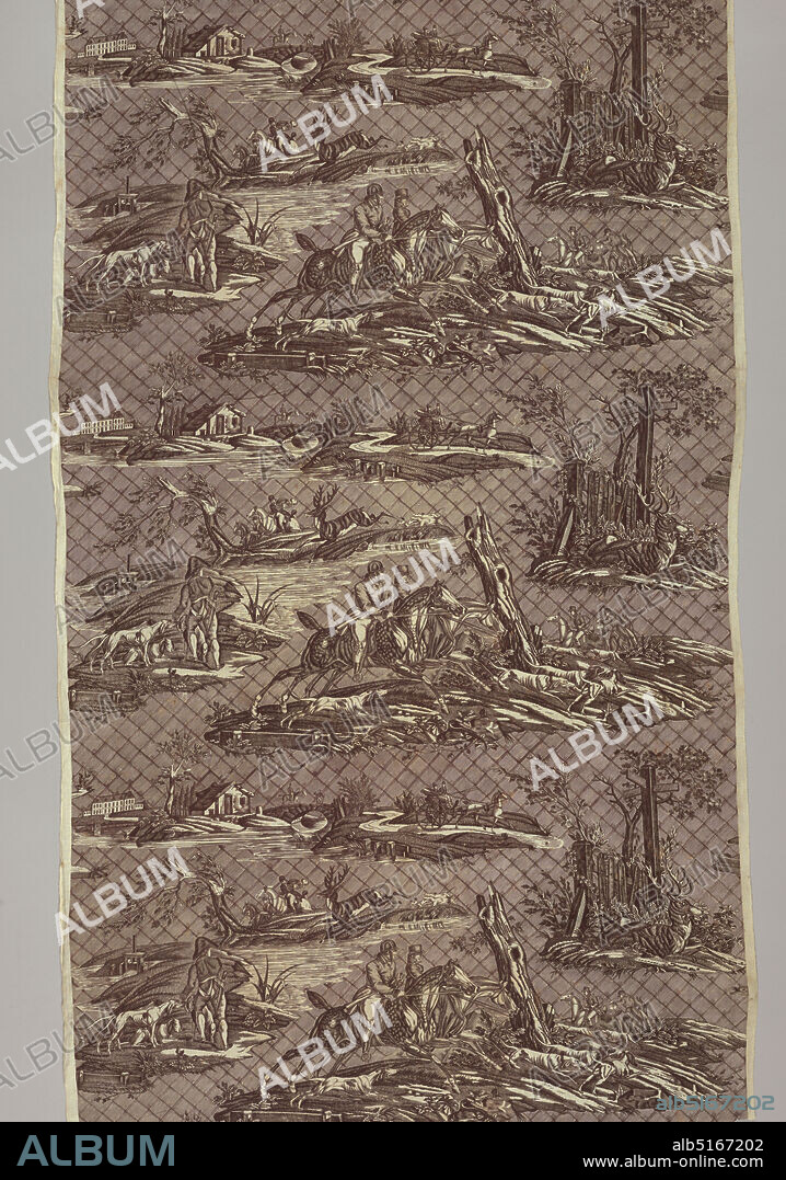 Textile, Medium: cotton Technique: printed by engraved roller on plain weave foundation, Design of hunters on horseback, dogs and deer all in isolated islands on a background of diagonal squares. In dark reddish brown on white., France, ca. 1820, printed, dyed & painted textiles, Textile.