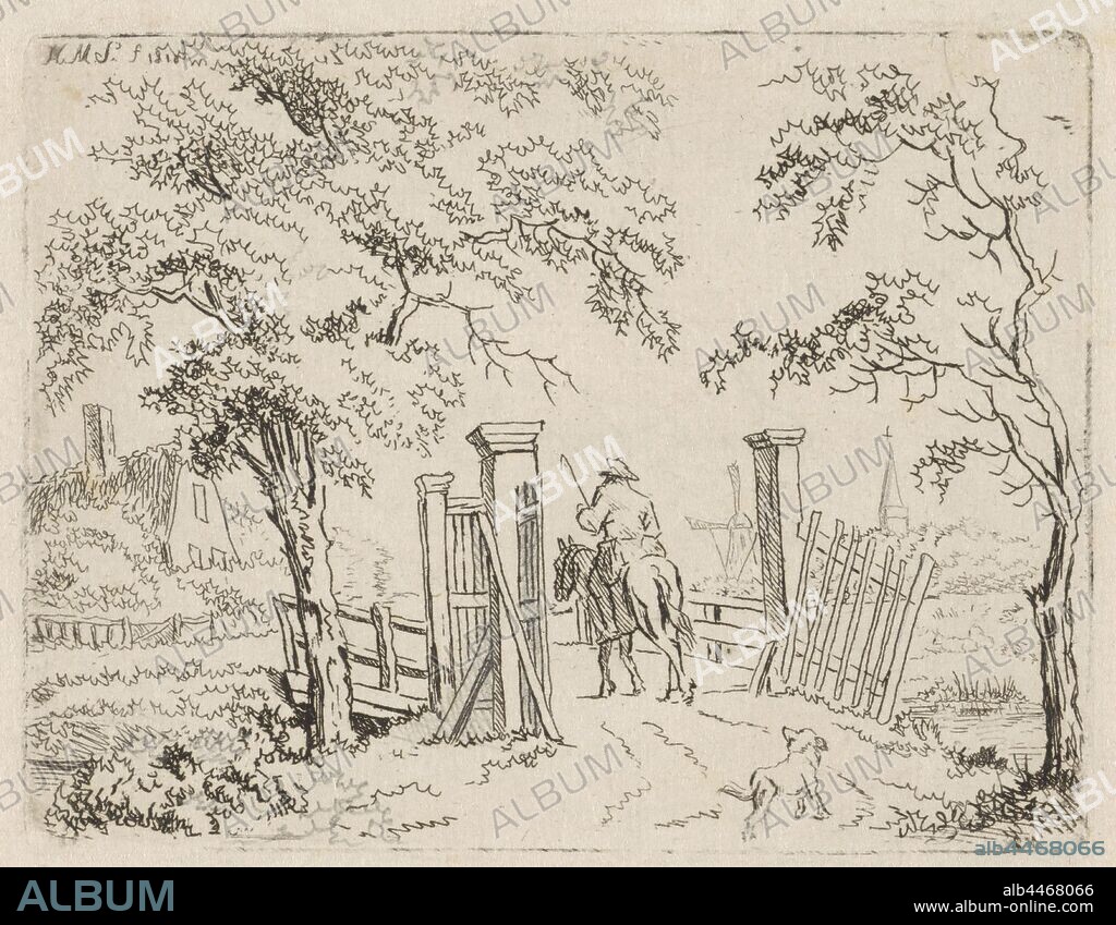 Rider with a dog near a bridge, A rider with a staff in hand drives over a bridge with an entrance gate towards a farm. His dog follows him. In the background a mill and a church tower, riding a horse, ass, or mule, rider, horseman, dog, bridge, Hendrik Marcus Schouten (mentioned on object), 1810, paper, etching, h 86 mm × w 112 mm.