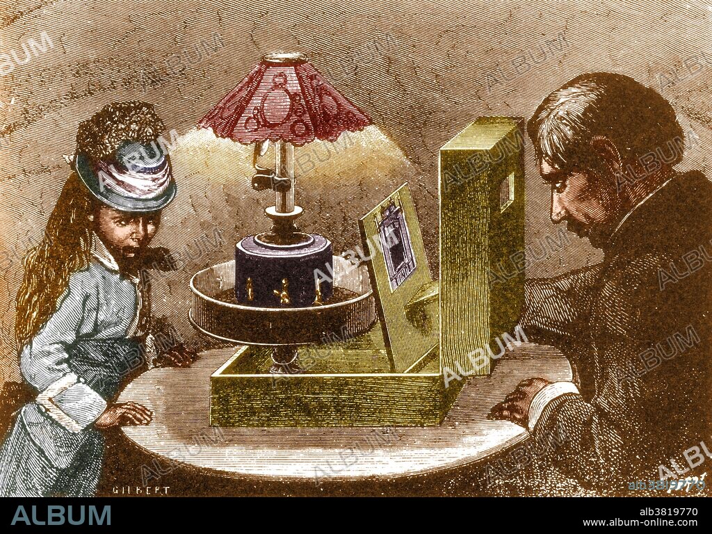 The praxinoscope was an animation device, the successor to the zoetrope. It was invented in France in 1877 by Charles-Emile Reynaud. Like the zoetrope, it used a strip of pictures placed around the inner surface of a spinning cylinder. The praxinoscope improved on the zoetrope by replacing its narrow viewing slits with an inner circle of mirrors, placed so that the reflections of the pictures appeared more or less stationary in position as the wheel turned. Someone looking in the mirrors would therefore see a rapid succession of images producing the illusion of motion, with a brighter and less distorted picture than the zoetrope offered.