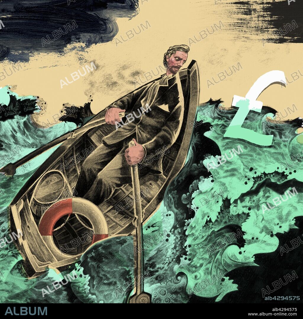 Man rowing boat in stormy ocean to rescue British pound sign.