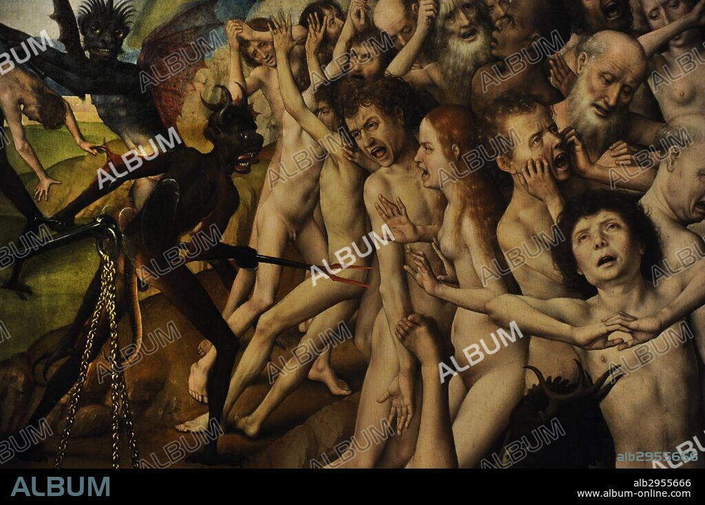 Arte Gótico. Hans Memling (1423/1443-1494). Pintor flamenco de origen alemán, activo en Brujas, Bélgica. Tríptico del Juicio Final. Detalle de la derecha, los condenados al infierno. Oleo sobre tabla. Pintado entre 1466-1473. Museo Nacional. Gdansk. Polonia. Europa.
