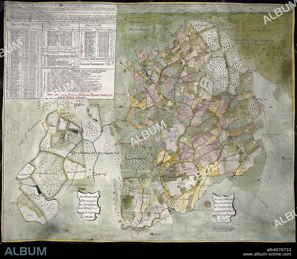 Map of the Forest and Manor of Fecknam ( Feckenham). An Explanation of this Map ... the Topographical Description of the whole Manor of Fecknam ... Anno DomÌƒ. 1591. 1744. This copy of Mr. Blagraves Map of the Forest and Manor of Fecknam ... was made by John Doharty the Younger of Worcester 1744. 795 x 685 mm.; The scale of perches, 160[ = 56 mm]. Source: Maps.M.T.6.B.1.(12).