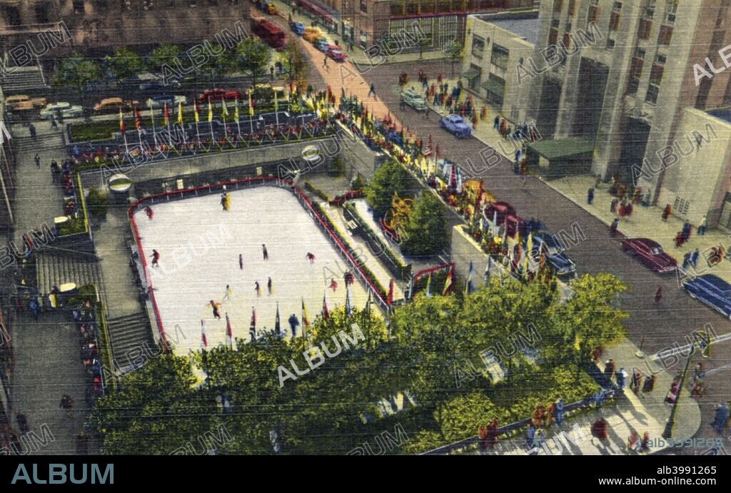 The Rockefeller Plaza outdoor ice skating rink, New York City, New York, USA, 1951. Vintage linen postcard showing a bird's eye view of the Ice Skating Rink located in the shadows of the Rockefeller Center skyscrapers. This famous Art Deco complex is made up of several buildings, fourteen of them built between 1931 and 1939. American industrialist John D Rockefeller (1839-1937) financed the project. The ice rink opened in 1936.