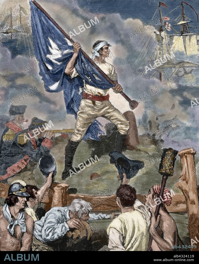 American Revolutionary War (1775-1783). William Jasper (c.1750-1779), sergeant in the 2nd South Carolina Regiment, raises the Fort Moultrie Flag on a temporary staff during the Battle of Sullivan's Island and held it under fire until a new staff was installed. Juny 28th, 1776. Engraving by Howard Pyle. Harper's Magazine, 1883. Later colouration.