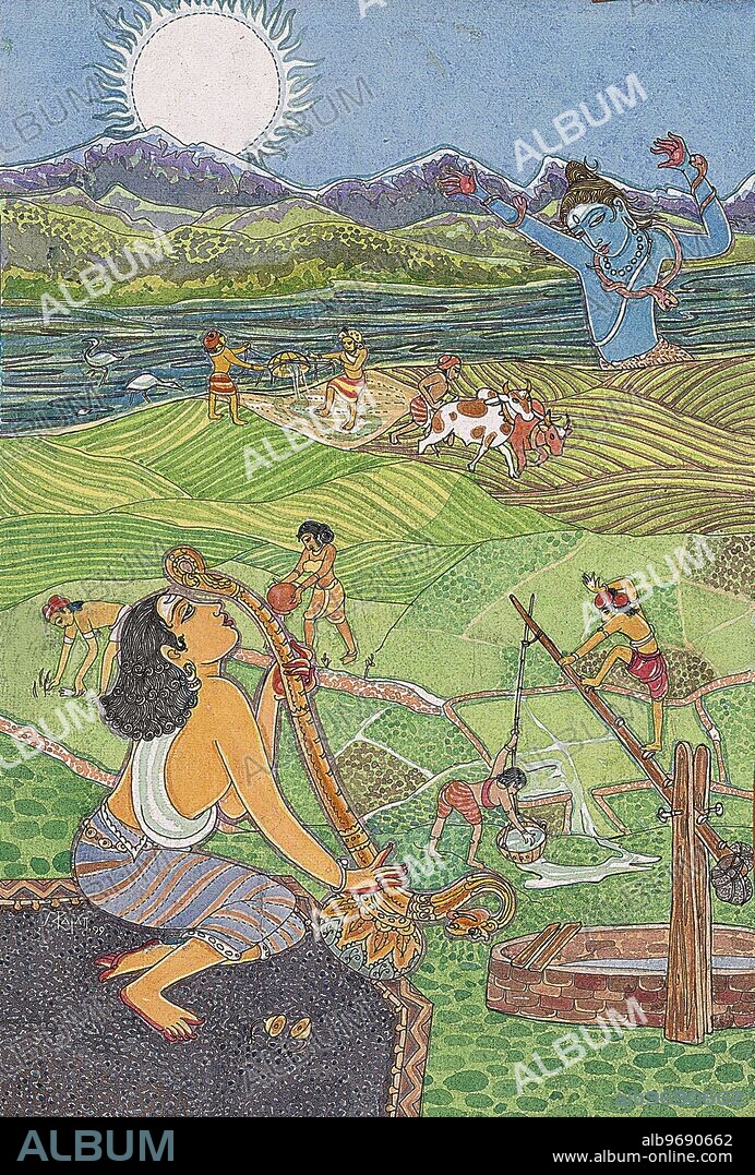HAP-136857 :Artist S. Rajam - Vedas - Hindu belief - Hindu - Hinduism - art - Himalayan Academy art - sun - Shiva - musician - song - music - crop - harvest - agriculture - ancient - vedic - well - irrigation - blessing - river - nature - village - bhajan - sitar - cows - summer - Siva - Supreme God - India - Indian art - Hindu art - religion - Hindu religion.