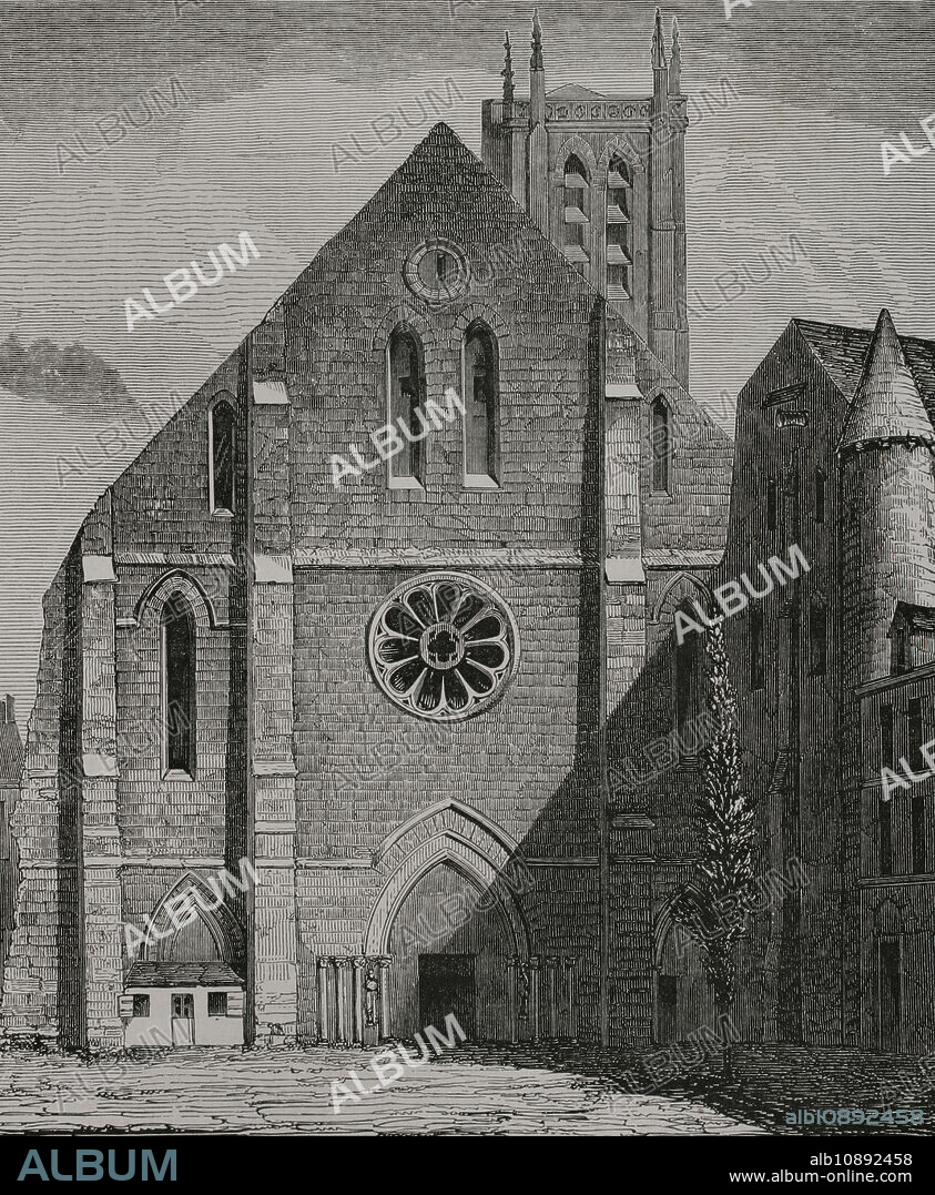 Francia. París. Fachada de la antigua iglesia de la abadía de Santa Genoveva. Fundada por Clodoveo I hacia el año 502, fue reconstruida entre los siglos XI y XIII. Vista del edificio antes de su destrucción poco después de 1800. Grabado. "Moeurs, usages et costumes au moyen-âge et à l'époque de la Renaissance", por Paul Lacroix. París, 1878.