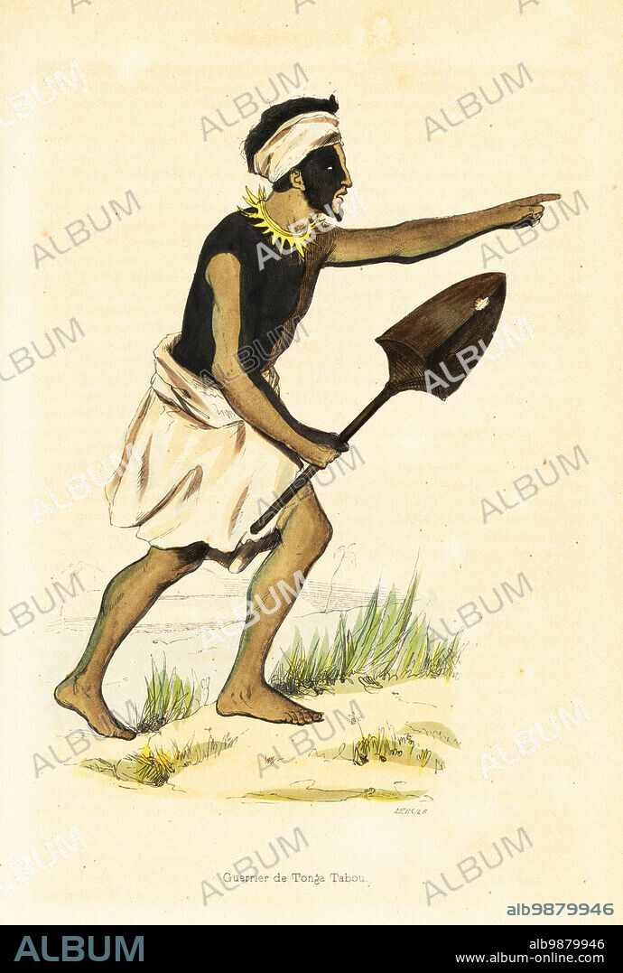 Warrior of Tongatapu, Kingdom of Tonga. His face, torso and arms are part-covered in warpaint, he wears a tooth necklace and carries a large mace. Guerrier de Tonga Tabou. Adapted from an illustration by de Sainson in Dumont d Urvilles Voyage de la corvette lAstrolabe. Handcoloured woodcut by Mercier after Louis Auguste de Sainson from Auguste Wahlen's Moeurs, Usages et Costumes de tous les Peuples du Monde, (Manners, Customs and Costumes of all the People of the World) Librairie Historique-Artistique, Brussels, 1845. Wahlen was the pseudonym of Jean-Francois-Nicolas Loumyer (1801-1875), a writer and archivist with the Heraldic Department of Belgium.