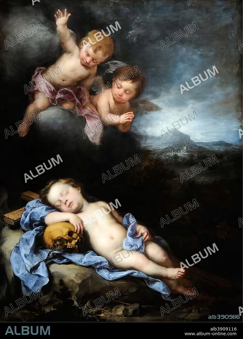 BARTOLOMÉ ESTEBAN MURILLO. Niño Jesús dormido sobre la cruz, 1670-1675. (atribuido a Murillo). Óleo sobre lienzo, 141.8 x 107 cm. (aproximado).