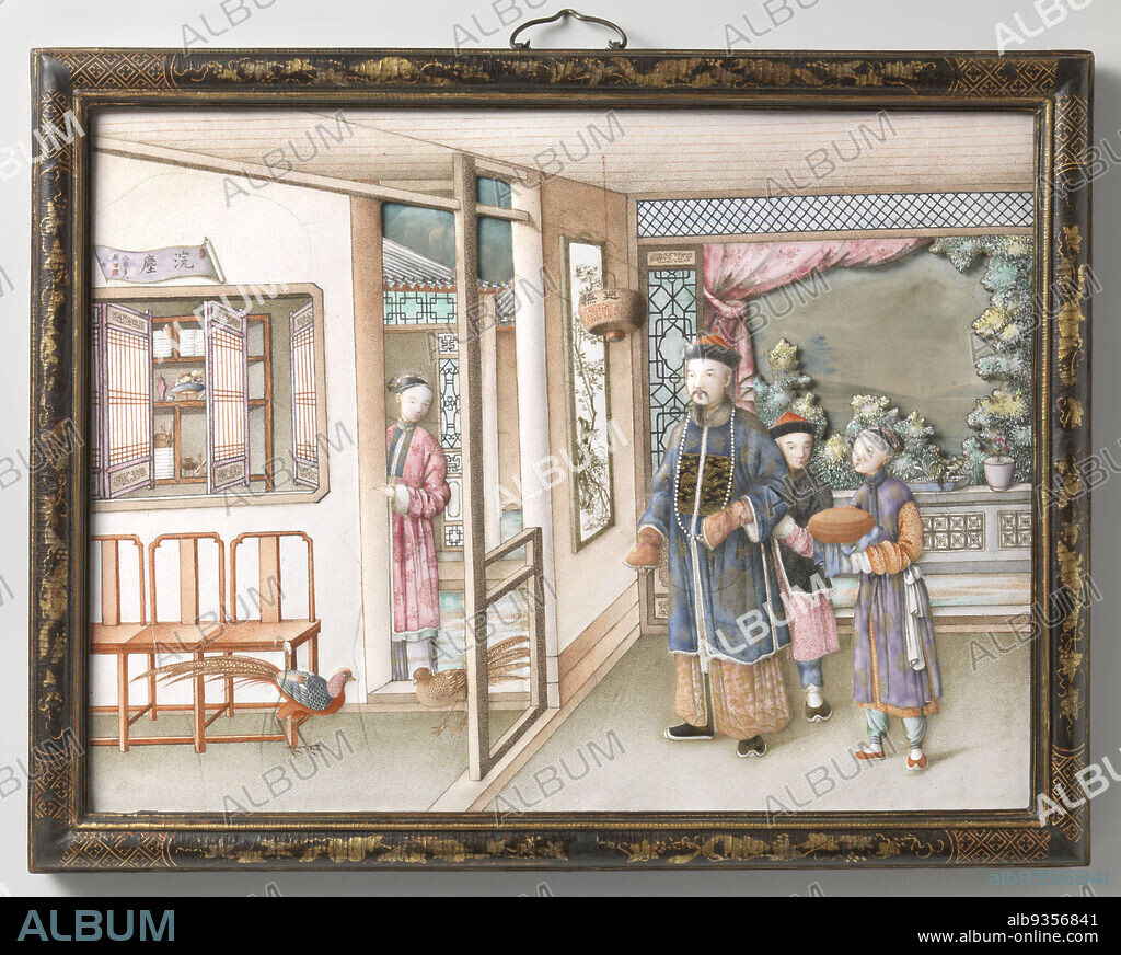 Plaque depicting a mandarin's visit, Plaque depicting the visit of a mandarin, Painting in enamel colors on a copper ground. Four Chinese people in an interior. In the background, a window-sized section has been cut out of the copper plate. Behind this opening is a landscape painted on paper. The figures and architectural elements are indicated in shallow relief. Original frame of black lacquer with squirrels and vines in gold., anonymous, Kanton, c. 1770 - c. 1775, plaque: copper (metal), height 37.0 cm × width 48.5 cm.