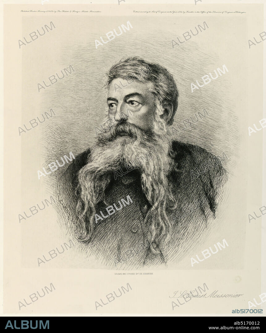 Portrait of Jean Louis Ernest Meissonier, Charles Courtry, French, 1846 - 1897, Etching on paper, Bust length portrait of the French painter, Jean Louis Ernest Meissonier (1815-1891), wearing a beard which flows in two long streamers, his gaze directed to the left. He is shown facing frontally. Sitter's name below, and at top, publisher's name., France, 1884, Print, Print.