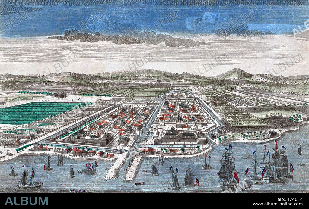 This hand-coloured engraving of the Dutch colonial capital of Batavia (present-day Jakarta) was created by Jan Van Ryne in 1754. Van Ryne was born in the Netherlands, but spent most of his working life in London, where he specialized in producing engravings of scenes from the British and Dutch colonies. Located at the mouth of the Ciliwung River, Jakarta was the site of a settlement and port possibly going back as far as the fifth century CE. In 1619, the Dutch captured and razed the existing city of Jayakerta (meaning 'glorious fortress' in Sundanese) and built the walled township of Batavia, which became the capital of the Dutch East Indies.