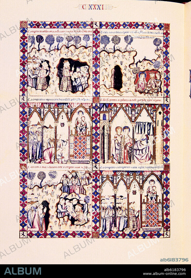 ALFONSO X DE CASTILLA EL SABIO. MTI1 - CANTIGA DE SANTA MARIA Nº131 - F185V - LA VIRGEN SALVA AL EMPERADOR DE CONSTANTINOPLA EN LAS MINAS DE PLATA - SIGLO XIII.